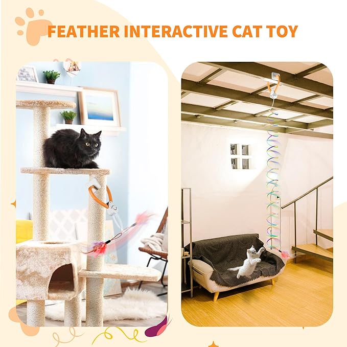 Interactive Cat Toy,Automatic Cat Toy for Indoor Cats,Hanging Door Clip Ribbon 360° Rotation,Feather & Rainbow Cat Stimulating Ribbons Cat Toys for Bored Adult/Kitten Exercise-Mewly Pet
