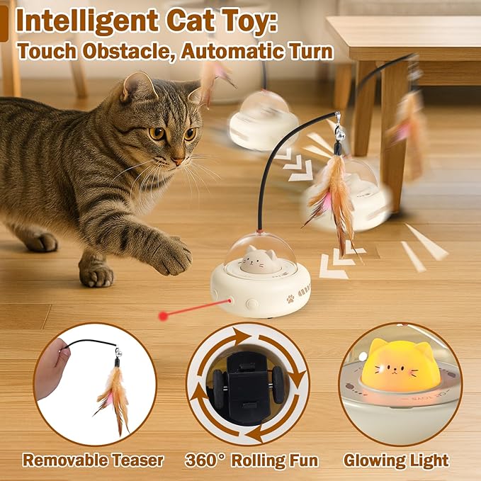 AIERSA Interactive Cat Toys for Indoor Cats, Automatic Enrichment Toy with LED Light and Feather for Cats and Kittens, Moving Self Play Stimulation Toy for Cat Lover Gifts-Mewly Pet