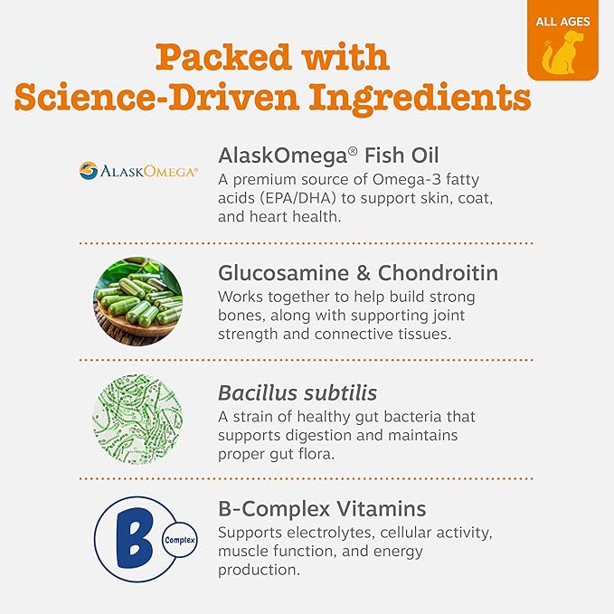 Zesty Paws Dog Multivitamin, Chewable Dog Vitamins and Supplements for Hip & Joints, Skin & Coat, Omega 3 Fish Oil for Dogs- Senior & Puppy Multivitamin- Chicken- 90ct-Mewly Pet