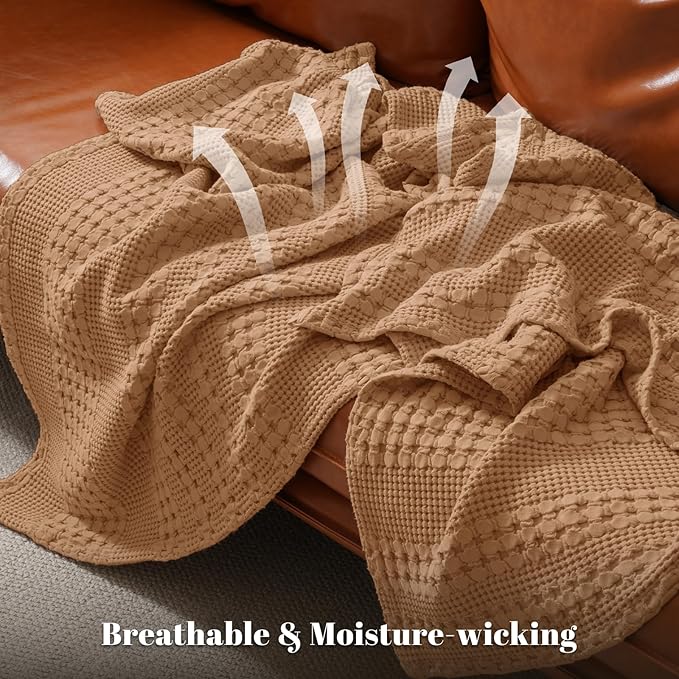 PHF 100% Cotton Waffle Weave Blanket Twin Size for Bed, Soft Lightweight & Breathable, All-Season Comfort, Luxury Aesthetic Woven Bedding for Home Decor, 66"x90", Clay