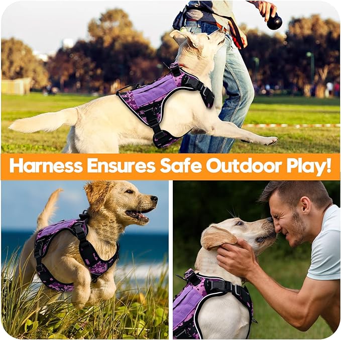 Heavy-Duty Tactical Dog Harness for Large Dogs, No Pull Adjustable Reflective Pet Vest with Molle System, K9 Military-Grade Control for Service Training, Outdoor & 10+ Breeds, Purple Camo, Large-Mewly Pet