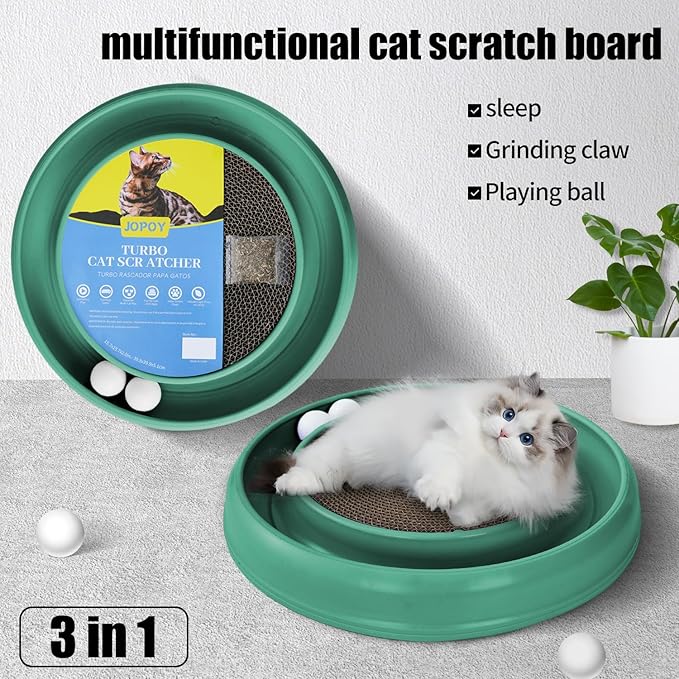 Interactive Cat Scratcher with Two Rotating Balls,Durable Scratch Pad for Indoor Play,Cardboard Cat Scratcher Pad with Cat Toy Ball Track and Catnip,2-in-1 Cat Toy (Green)-Mewly Pet