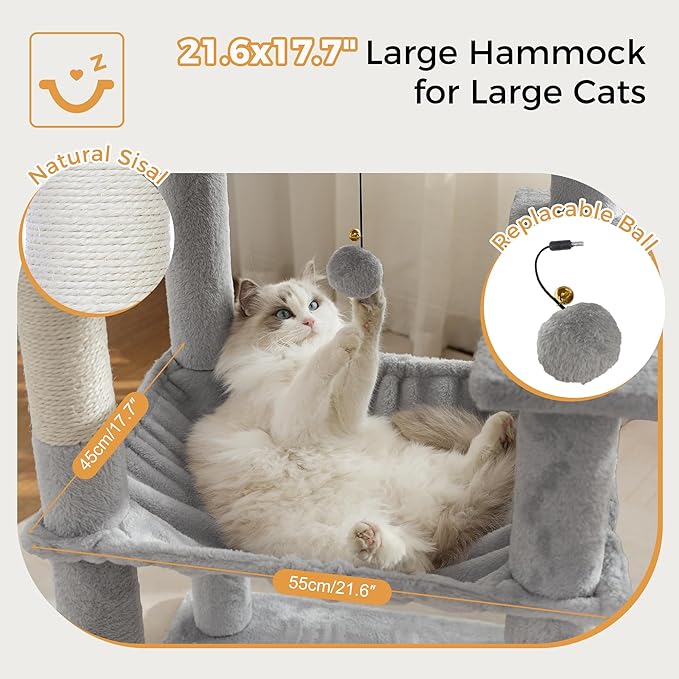 72” Cat Tree for Large Cats Big Cat Tower with Enlarged Hammock 21.6x17.7” Spacious Cats Condo House and Roomy Top Bed and Multiple Scratch Posts for Indoor Adult Cats (Grey, XLarge-72)-Mewly Pet