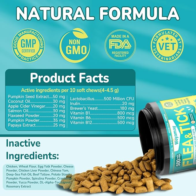 4-IN-1 Flea and Tick Prevention for Cats, 500 Crunchy & Creamy Chews, Cat Flea Treatment, Natural Oral Flea Treatment for Cats, Daily Support for Flea, Immune, Skin & Coat, Gut, Chicken Flavor-Mewly Pet