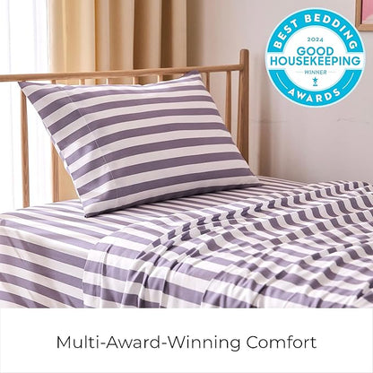 Mellanni Twin Sheets Set - 3 PC Iconic Collection Bedding - Hotel Luxury, Extra Soft, Cooling Bed Sheets - Wrinkle, Fade, Stain Resistant (Twin, Oxford Stripe Hazy Lilac)