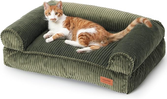 FUKUMARU Dog Couch Bed, Corduroy Cozy Cat Bed for Indoor Cats with Washable Cover, Supportive Waterproof Dog Beds Sofa for Small Dogs and Large Cats Cute, 28inch, Medium, Green-Mewly Pet