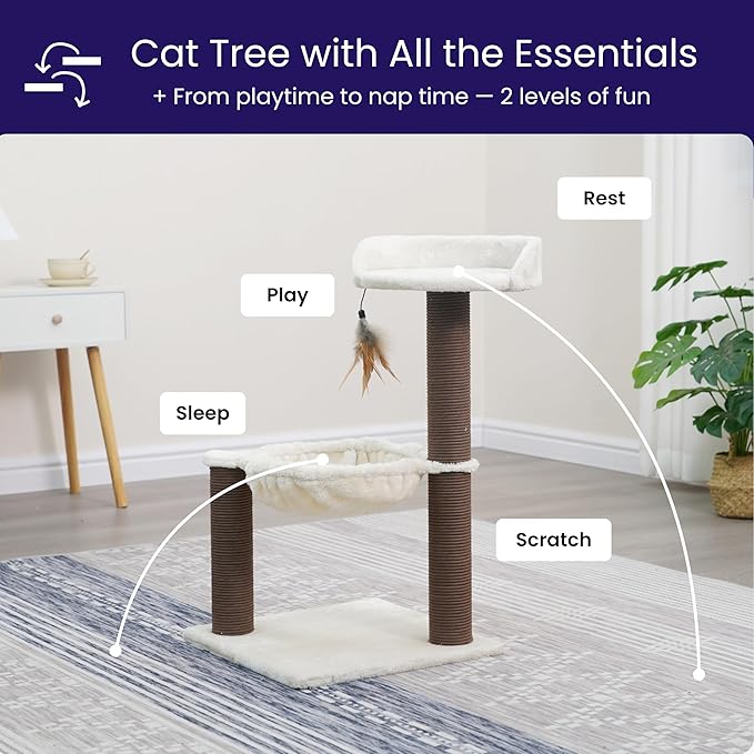Catry Nirvana 3-Level Kitten Tree with Plush Perch, Soft Hammock, and Paper Rope Scratching Posts, Minimalist Cat Furniture for Climbing, Scratching & Resting, Ideal for Kittens & Small Cats, Beige-Mewly Pet