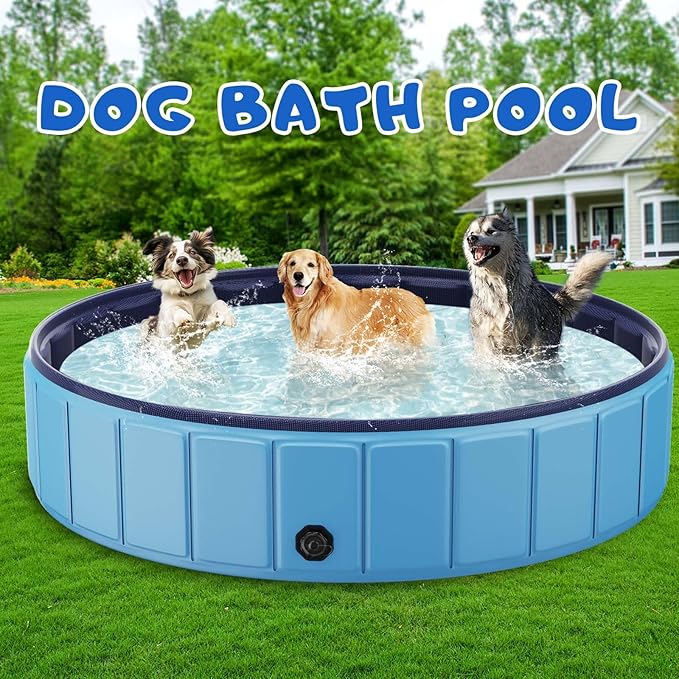 Foldable Dog Swimming Pool, Totiro 91"x16" Oversize Collapsable Hard Plastic Portable Bathing Tub for Pet Dog Kiddie Pool Indoor and Outdoor Leakproof PVC Play Pool for Large Dogs Pets Puppy Kids Blue-Mewly Pet