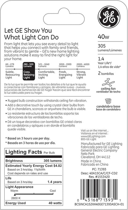 GE Lighting Decorative A15 Incandescent Ceiling Fan Light Bulb, 40-Watts, Crystal Clear, 2-Pack