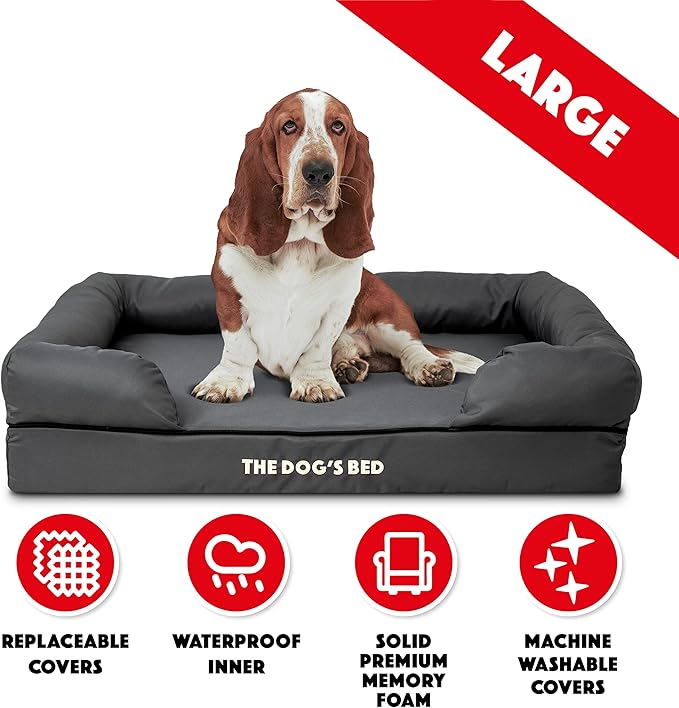 The Dog’s Bed Large Grey with Black Trim 36x27, Waterproof, Veterinary Grade Memory Foam, Pain Relief: Arthritis, Hip & Elbow Dysplasia, Post Surgery, Supportive, Washable Cover, Veterinary-Approved-Mewly Pet