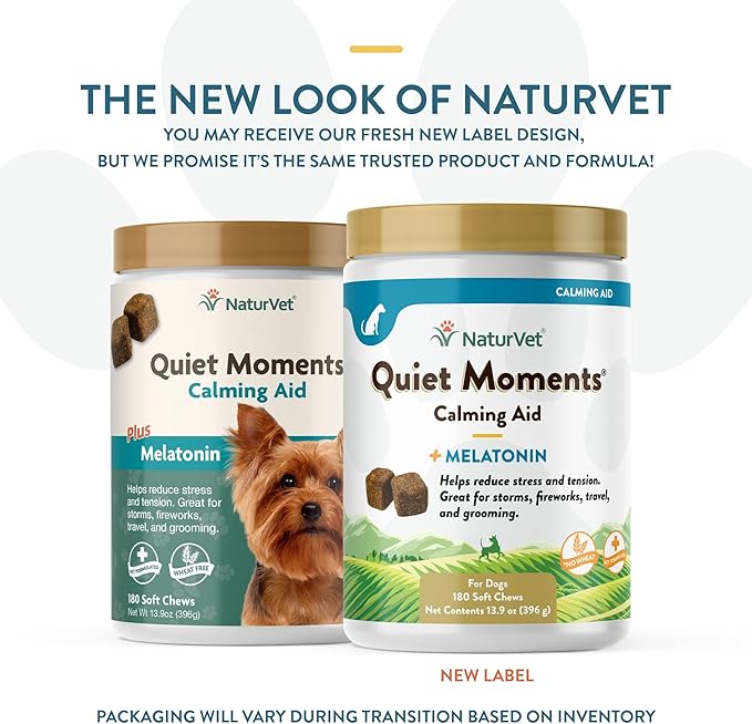 NaturVet Quiet Moments Calming Dog Supplement, Dog Soft Chews with Melatonin to Help Reduce Stress from Storms, the Vet, Fireworks, and Travel, Bacon and Chicken Flavored Pet Supplement, 180 Count Jar-Mewly Pet