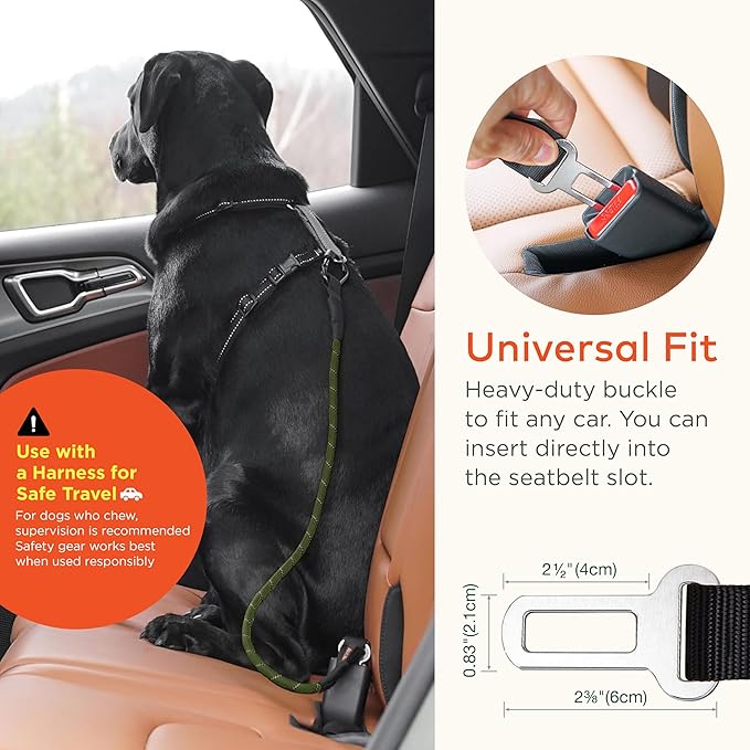 Dog Seat Belt for Car | Universal Dog Car Seatbelt | Durable Reflective Rope with Clip Hook Latch, Buckle and Carabiner- Safe and Secure Pet Safety Restraint (Army Green)-Mewly Pet