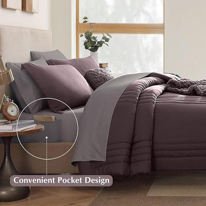 Monbix Queen Comforter Set - 7 Pieces ltalian Plum Bed in a Bag Queen Bedding Sets with Comforters, All Seasons Down Alternative Comforter Bed Set with Sheets,Pillowcases & Shams