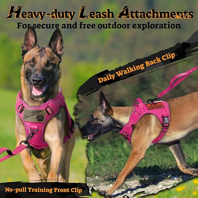 rabbitgoo Dog Harness for Large Dogs No Pull, Tactical Service Pet Vest with Molle and Control Handle, Adjustable and Reflective Military Harness for Easy Walking and Training, Rose Red, L-Mewly Pet