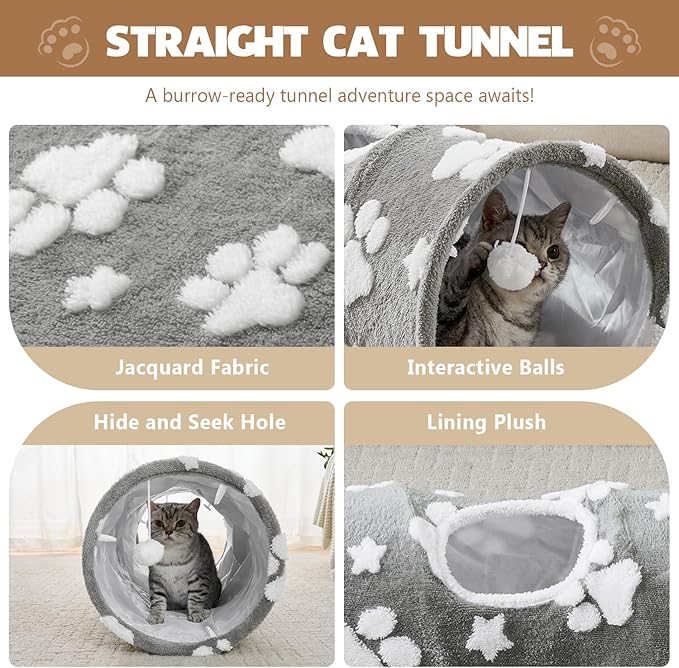 Straight Cat Tunnel for Indoor Cats 47"x12", Cute Cat Toys Collapsible Tunnel Tube with Balls for Puppy Kitten Rabbit, Grey Paw-Mewly Pet