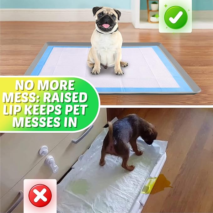 TidyFriend Pee Pad Holder Tray 30 x36 Inches, Puppy Pad Holder, Easy to Clean and Store Pee Pad Holder for Dogs, Silicon Training Pad Holder, No Spill Puppy Pad Holder (Light Grey)-Mewly Pet