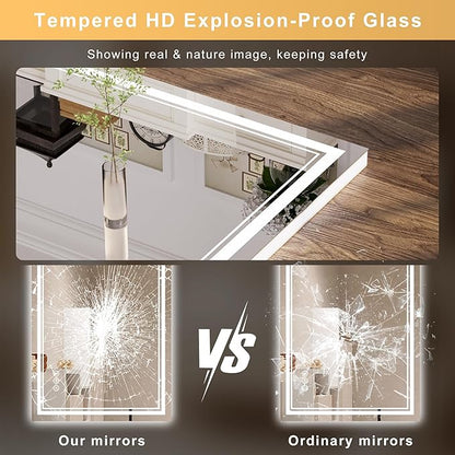 36''x24'' Lighted Mirrors for Bathroom Wall Backlit + Front Lit, Rectangular LED Bathroom Mirror Frameless with Lights Anti Fog, Dimmable, 3 Colors,Tempered Glass, Shatter-Proof (Color 1,)