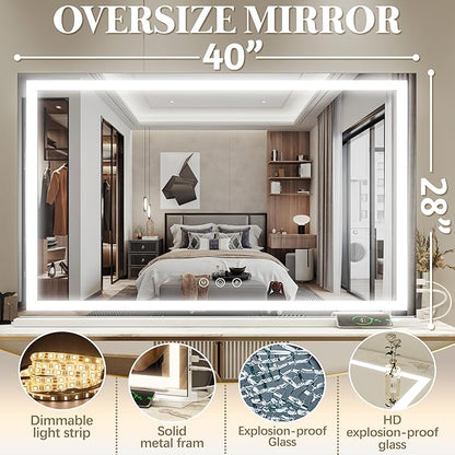 FENNIO Large Vanity Mirror with Lights，40" x 28"Makeup Mirror with Lights，Hollywood Mirror with 3 Color Modes & Adjustable Brightness，Vanity Mirror Square White
