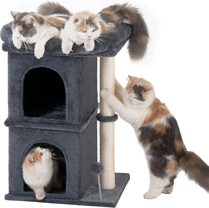 24in Cat Tree Tower with Scratching Post, 19 * 16.5in Window Perch for Large Cats, 2 Cat Condo Cubbies for Indoor Kittens, Dark Gray-Mewly Pet