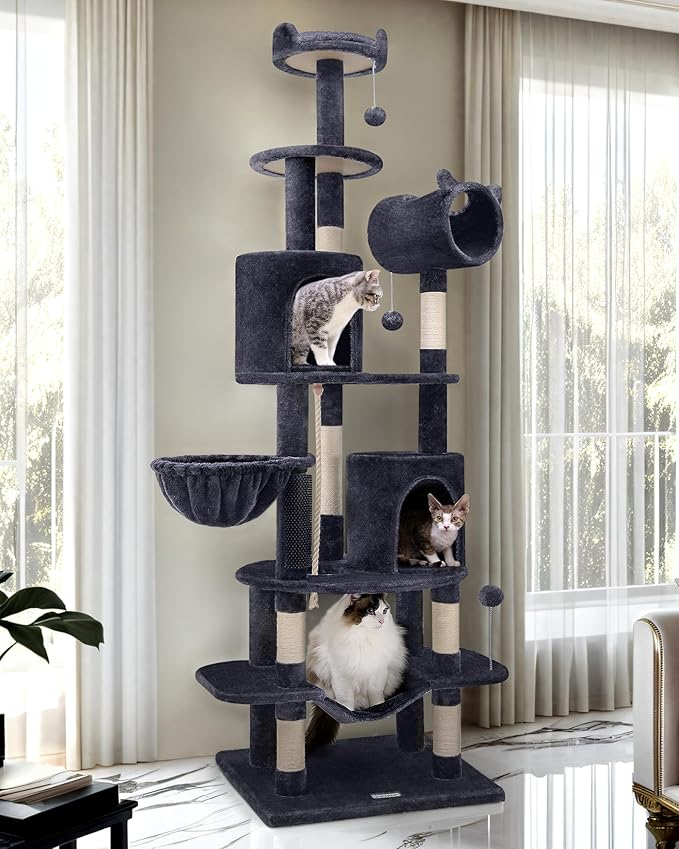 Globlazer Artistic Curved Cat Tower for Small Cats (Under 12 lbs), 81-inch Slim Design Cat Tree with Space-Saving Design, Indoor Cat Condo with Hammock & Tunnel, C81, Dark Gray, Non-Large Cats-Mewly Pet