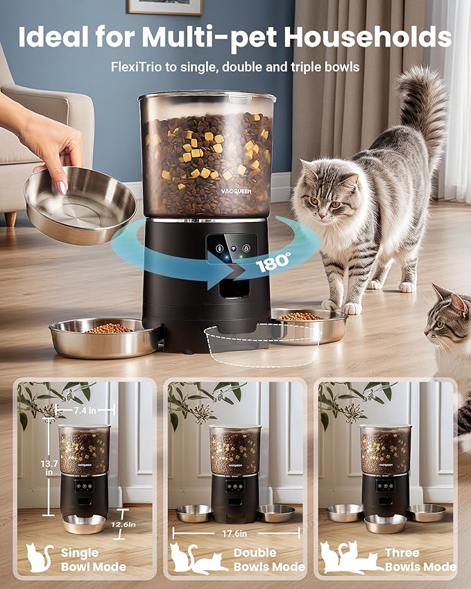 Automatic Cat Feeder for 3 Cats, 6L/25 Cups Smart WiFi Pet Feeder, Strong Anti-Jam System, Dual-Effect Desiccant Cat Food Dispenser, with 10S Voice Recorder for Cats and Small Dog(Black)-Mewly Pet