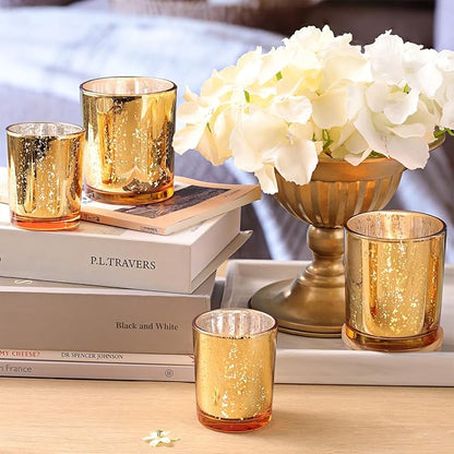 Volens 12pcs Assorted Gold Votive Candle Holders, Large Speckles Mercury Glass Votive & Tealight Candle Holder Bulk for Wedding Table Centerpiece, Gold Themed Party Decorations and Home Decor