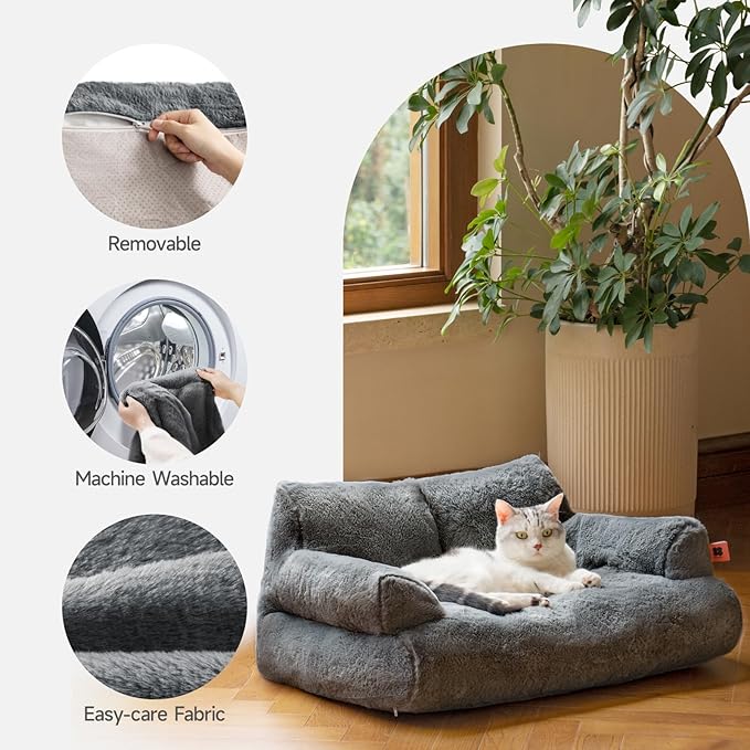 MEWOOFUN Dog Couch, Supportive Small Dog Bed for Puppy and Cats with Removable Washable Cover, Fluffy Cat Couch with Non-Slip Bottom (Dark Grey, 26.0" L X 19.0" W X 13.0" Th)-Mewly Pet