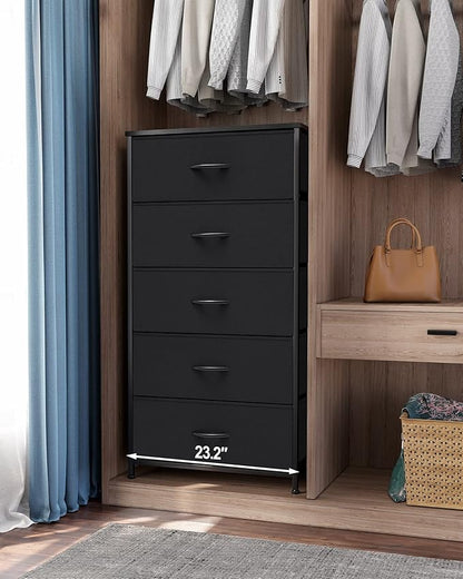 Crestlive Products Vertical Dresser Storage Tower - Sturdy Steel Frame, Wood Top, Easy Pull Fabric Bins - Wide Organizer Unit for Bedroom, Hallway, Entryway, Closets - 5 Drawers(Black)
