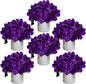 Flower Table Centerpieces - Set of 6 Floral Arrangement Artificial Wedding Hydrangeas Floral Arrangement with Rustic Metal Vase for Bridal Tea Party Event Decorations - Deep Purple
