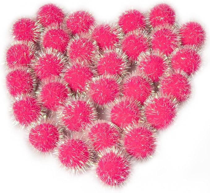 VAPKER 30 Pcs Cat Ball Toys Sparkle Balls Extra Large 2 Inch Cat's Favorite Chase Glitter Ball Glitter Tinsel Pom Poms Balls Hot Pink Color-Mewly Pet