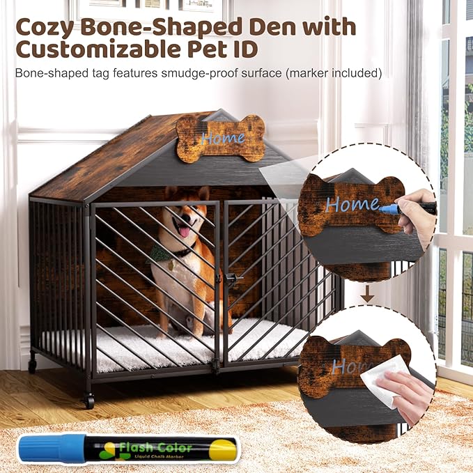 Furniture-Style Dog Crate with Gable Roof Design, Double Locking Doors Indoor Kennel for Small & Medium Dogs, Chew-Proof Escape-Proof Dog Cage, Rustic Brown-Mewly Pet