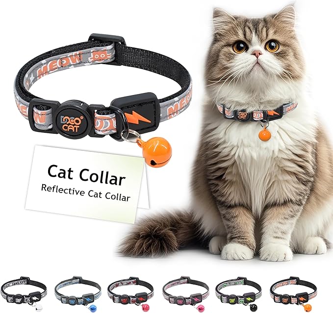 DOCO Cat Collar (Neck Girth - 3/8" x 7.5-12", Weight Upto - 13lb) Reflective Cat Collar with Bell, Breakaway Safety Buckle, Adjustable Nylon Strap for Kittens & Adult Cats (Orange)-Mewly Pet