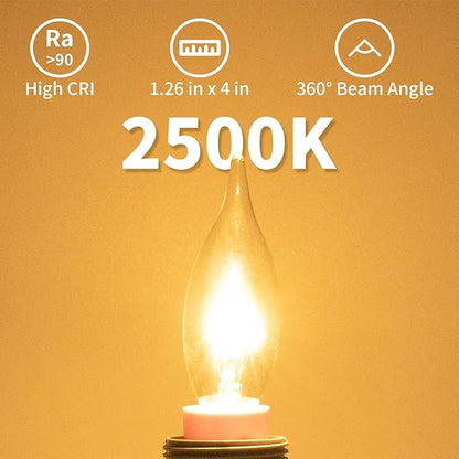 12-Pack E12 Candle Light Bulbs 40W Warm White 2500K, 380 Lumen Dimmable Chandelier Light Bulbs for Ceiling Fan, Pendants or Outdoor, CA10 Clear Candelabra Base Bulbs