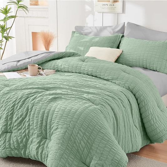 HYMOKEGE Sage Green/Light Grey Twin Comforter Set Seersucker 5 Pieces, All Season Luxury Bed in a Bag for Bedroom, Bedding Set with Comforter, Sheets, Pillowcase & Sham