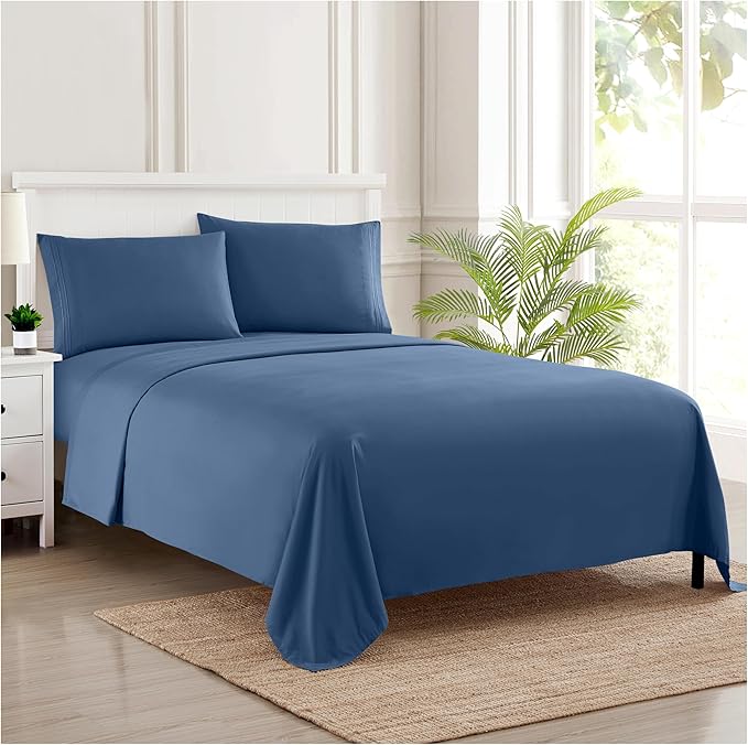 Twin XL Sheets - Breathable Luxury Sheets with Full Elastic & Secure Corner Straps Built In - 1800 Supreme Collection Extra Soft Deep Pocket Bedding Set, Sheet Set, Twin XL, Denim