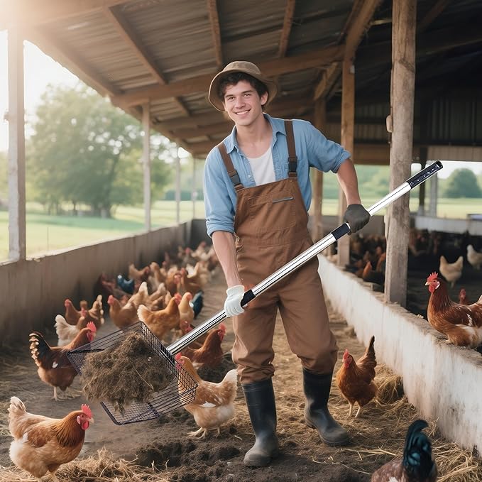 Chicken Poop Scooper - 54-Inch Long Handle Chicken Coop Cleaner, 10-Inch Wide Metal Waste Scooper for Poultry, Rabbit Hutch & Pet Cages-Mewly Pet