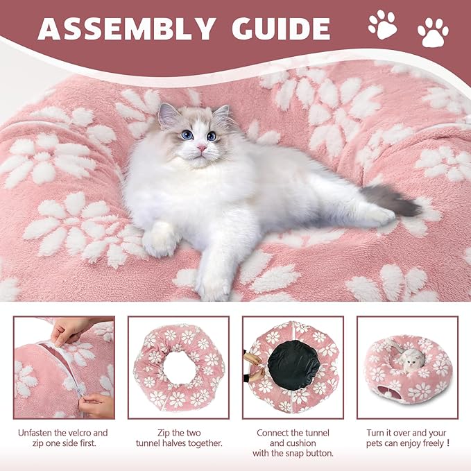 Cat Tunnel for Indoor Cats, Cute Peekaboo Cat Cave with Dangling Balls, Pet Donut Tunnel Bed with Circle Mat for Puppy Kitten Rabbit, Pink-Mewly Pet