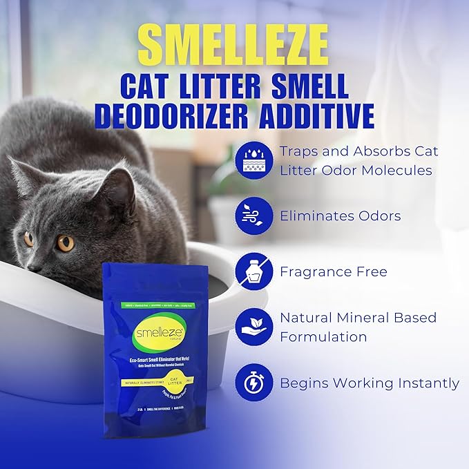 SMELLEZE Natural Cat Litter Deodorizer and Litter Box Odor Eliminator Additive for Strong Smells Unscented Kitty Litter Smell Control Safe Long-Lasting Granules for Multi Cat Homes 2 lb-Mewly Pet