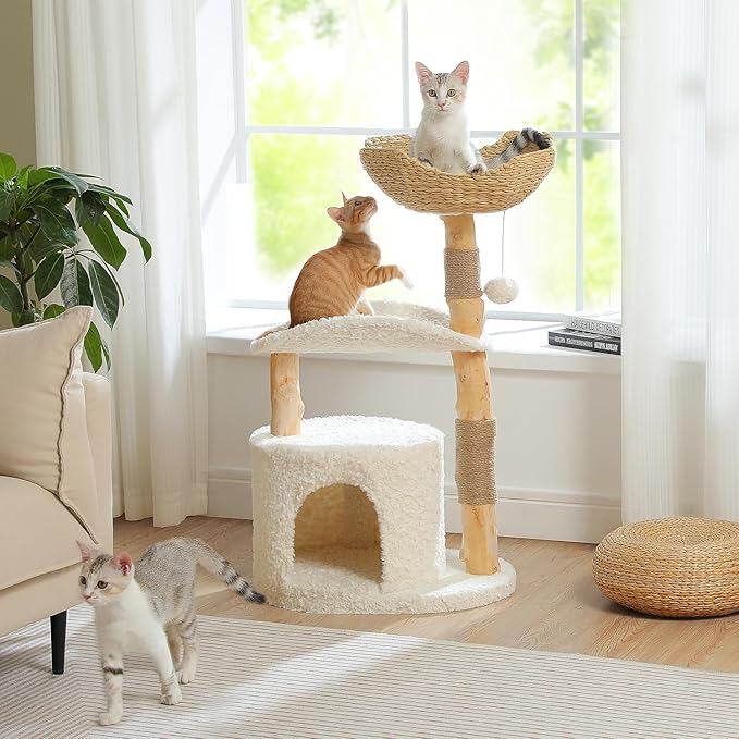 PAWZ Road Cat Tree for Indoor Cats Large Adults,38 Inches Modern Cat Tree Tower with Spacious Wicker Basket,Natural Solid Wood Scratching Posts,Curved Bed,Luxury Cat Condo for Large Cat-Mewly Pet