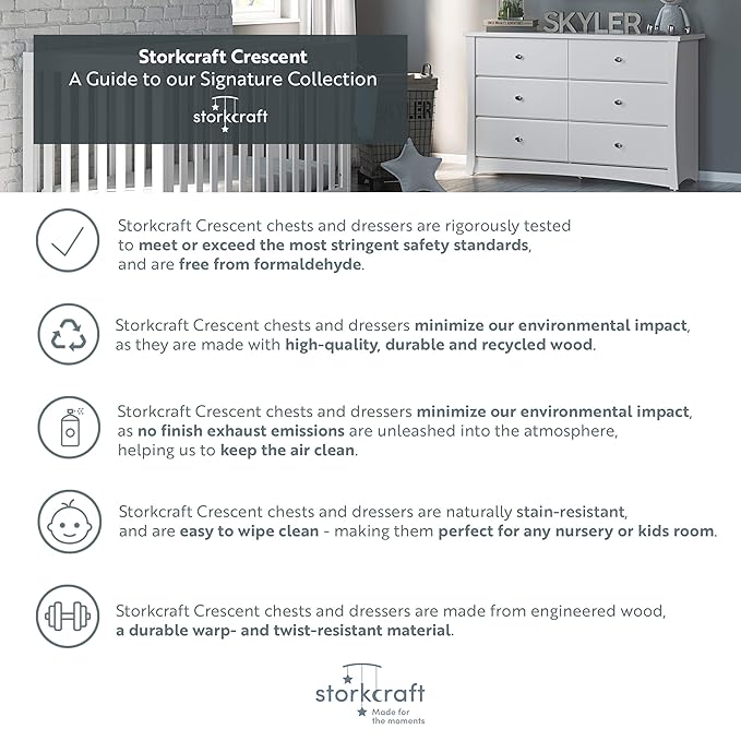 Storkcraft Crescent 6-Drawer Dresser (Pebble Gray) – GREENGUARD Gold Certified, Gray Dresser for Bedroom, Kids & Nursery Storage Chest, Safety Interlocking Drawers, Pre-Installed Tracks, Kids Chest