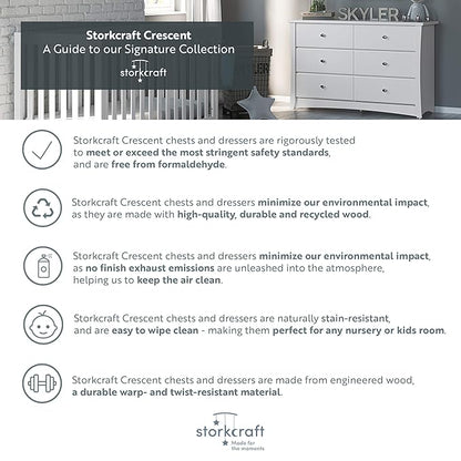 Storkcraft Crescent 6-Drawer Dresser (White) – GREENGUARD Gold Certified, White Dresser for Bedroom, Kids & Nursery Storage Chest, Safety Interlocking Drawers, Pre-Installed Tracks, Kids Chest