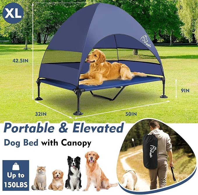 Upgraded Elevated Dog Bed with Canopy, Portable Raised Outdoor Dog Bed with Stable Anti-Slip Feet, Wider Shade Pet Bed Cot, Raised Dog Beds for Large Dogs Camping, Indoor & Outdoor Use-Mewly Pet