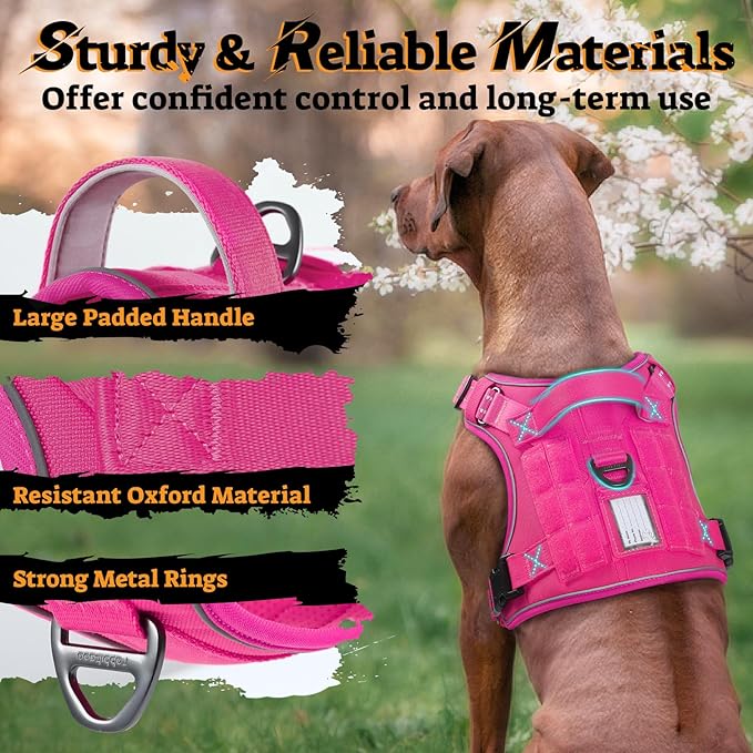 rabbitgoo Dog Harness for Large Dogs No Pull, Tactical Service Pet Vest with Molle and Control Handle, Adjustable and Reflective Military Harness for Easy Walking and Training, Rose Red, L-Mewly Pet