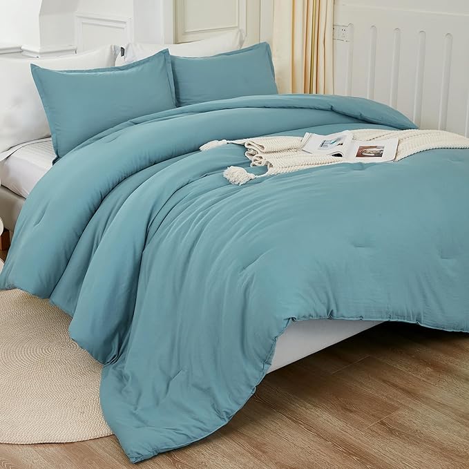 Litanika Grayish Teal Comforter Full Size, 3 Pieces Lightweight Solid Bedding Set, All Season Fluffy Bed Set (79x90In Comforter & 2 Pillowcases)