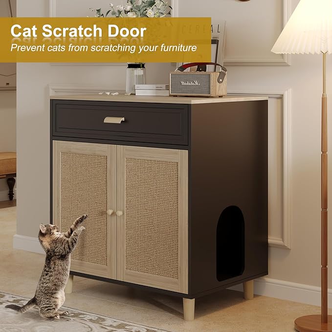 Cat Litter Box Enclosure Furniture Hidden - Indoor 2-in-1 Wooden Cat House & Washroom Cabinet with Scratching Board Doors and Drawer, 31.5”x21.6”x34.6”, Black-Mewly Pet