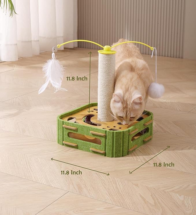 Interactive Cat Puzzle Toy - Scratching Post with Spinning Balls & Feathers for Indoor Cats, Satisfies Hunting Instinct, Self-Play Mental Stimulation Game with Rolling Track-Mewly Pet