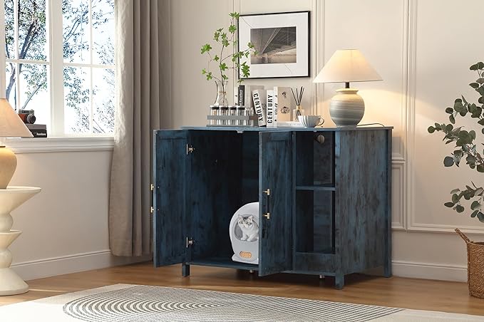 Cat Litter Robot Enclosure, Enclosure for self-Cleaning Litter Boxes,Adjustable Shelf for Dog Proof and Storage,Charging Station,Locks Added for cat,Large Indoor Cat House,Blue-Mewly Pet