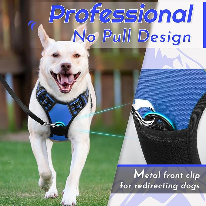 Eagloo Dog Harness for Large Dogs, No Pull Service Vest with Reflective Strips and Control Handle, Adjustable and Comfortable for Easy Walking, No Choke Pet Harness with 2 Metal Rings, Blue, L-Mewly Pet
