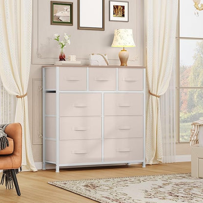 DWVO Dresser with 9 Drawers - Fabric Storage Tower, Organizer Unit for Living Room, Hallway - Sturdy Steel Frame, Wooden Top & Easy Pull Fabric Bins