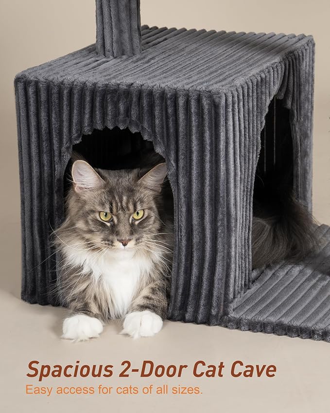 Cat Tree for Large Cat, 22.8” Cat Tower with Scratching Post, 20.9 * 15.7in Perch Bed for Adult Cats, Cat Condo with 2 Caves for Indoor Cats, Dark Gray-Mewly Pet